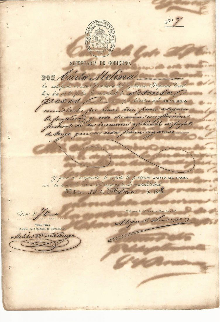1858 Cuban Patent Document (1 of 1)