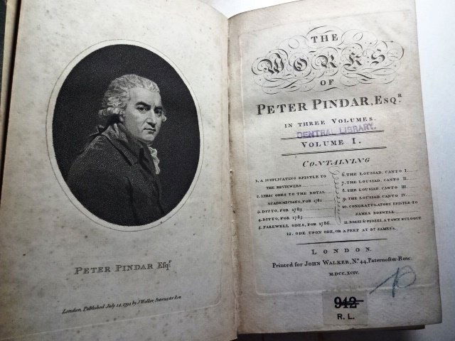 1794 Three Vol Set Works of Peter Pindar: “The Works of Peter Pindar Esq”, printed at London for John Walker, ALL three volumes. Old library cloth bindings , worn, internally very good, frontis plate to volume I. Library stamps and bookpl