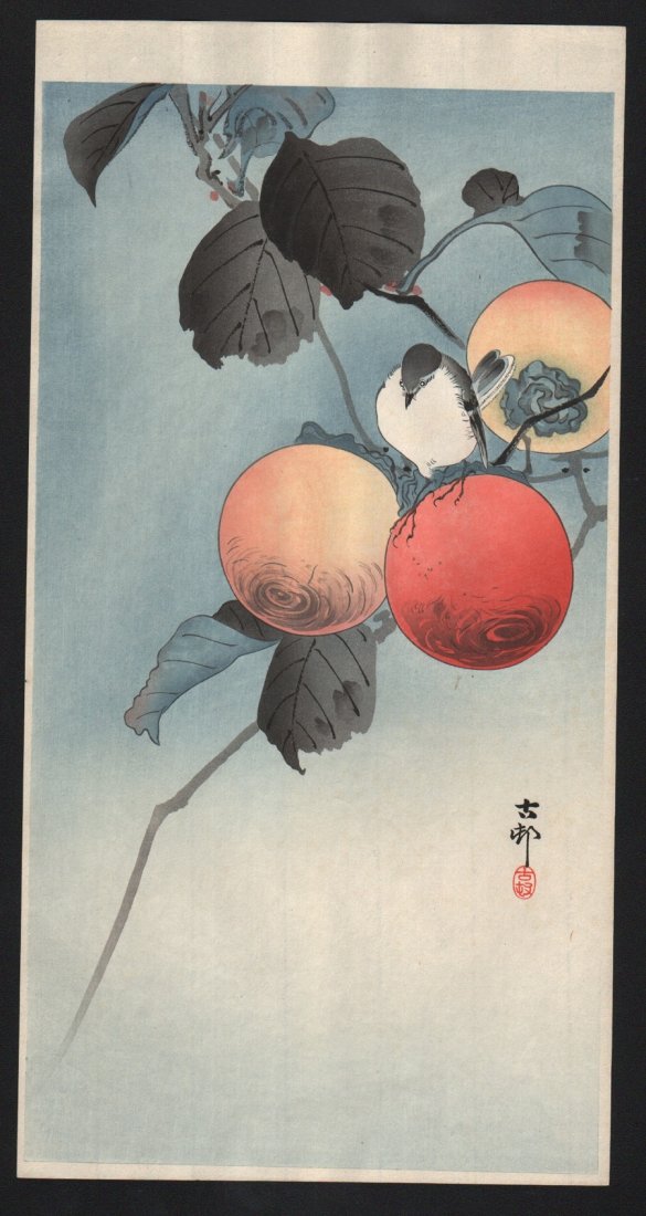 Original Japanese Woodblock Print by Koson: Artist: Ohara Koson. Subject: Bird & fruit. Date: c. early 1900’s. Measures: 7.5” x 14.5”. Shipping for this group will be $15 per lot domestic, $40 oversea's. No additional charge for multiple 