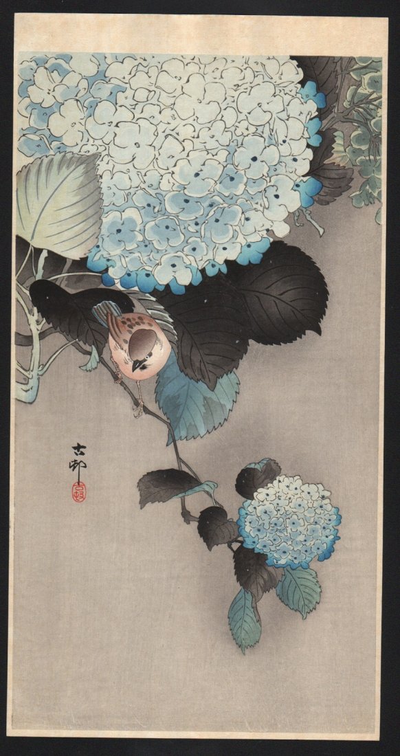 Original Japanese Woodblock Print by Koson: Artist: Ohara Koson. Subject: Bird & flower. Date: c. early 1900’s. Measures 7.5” x 14.5”. Shipping for this group will be $15 per lot domestic, $40 oversea's. No additional charge for multiple 