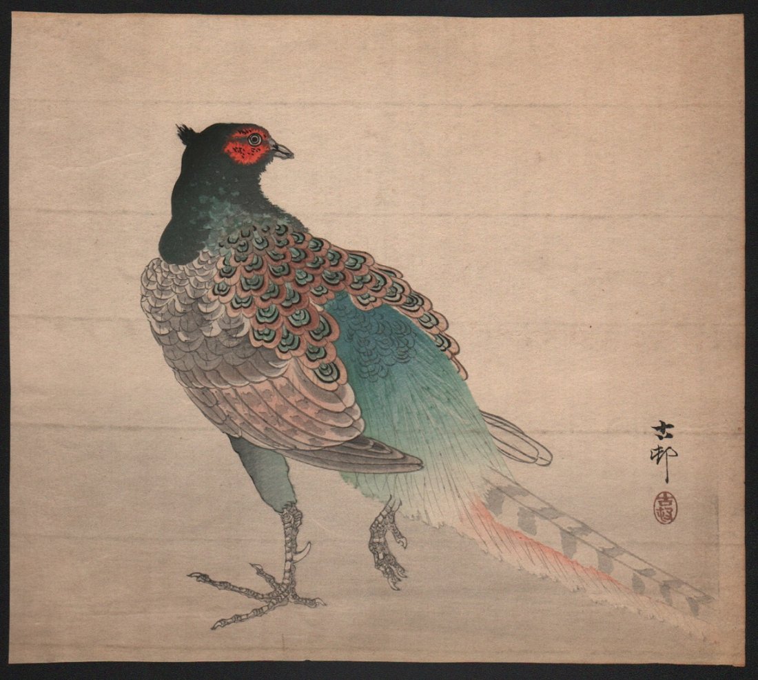 Original Japanese Woodblock Print by Koson: Artist: Ohara Koson. Subject: Pheasant. Date: c. early 1900’s. Measures: 8.5” x 9.5”. Shipping for this group will be $15 per lot domestic, $40 oversea's. No additional charge for multiple lots.