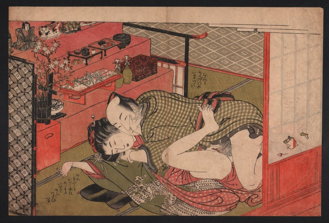 Original Japanese Shunga Woodblock Print by Koryusai: Artist: Koryusai. Subject: Erotic couple. Date: c.1780. Measures: 9.25” x 13.75” Shipping for this group will be $15 per lot domestic, $40 oversea's. No additional charge for multiple lots.