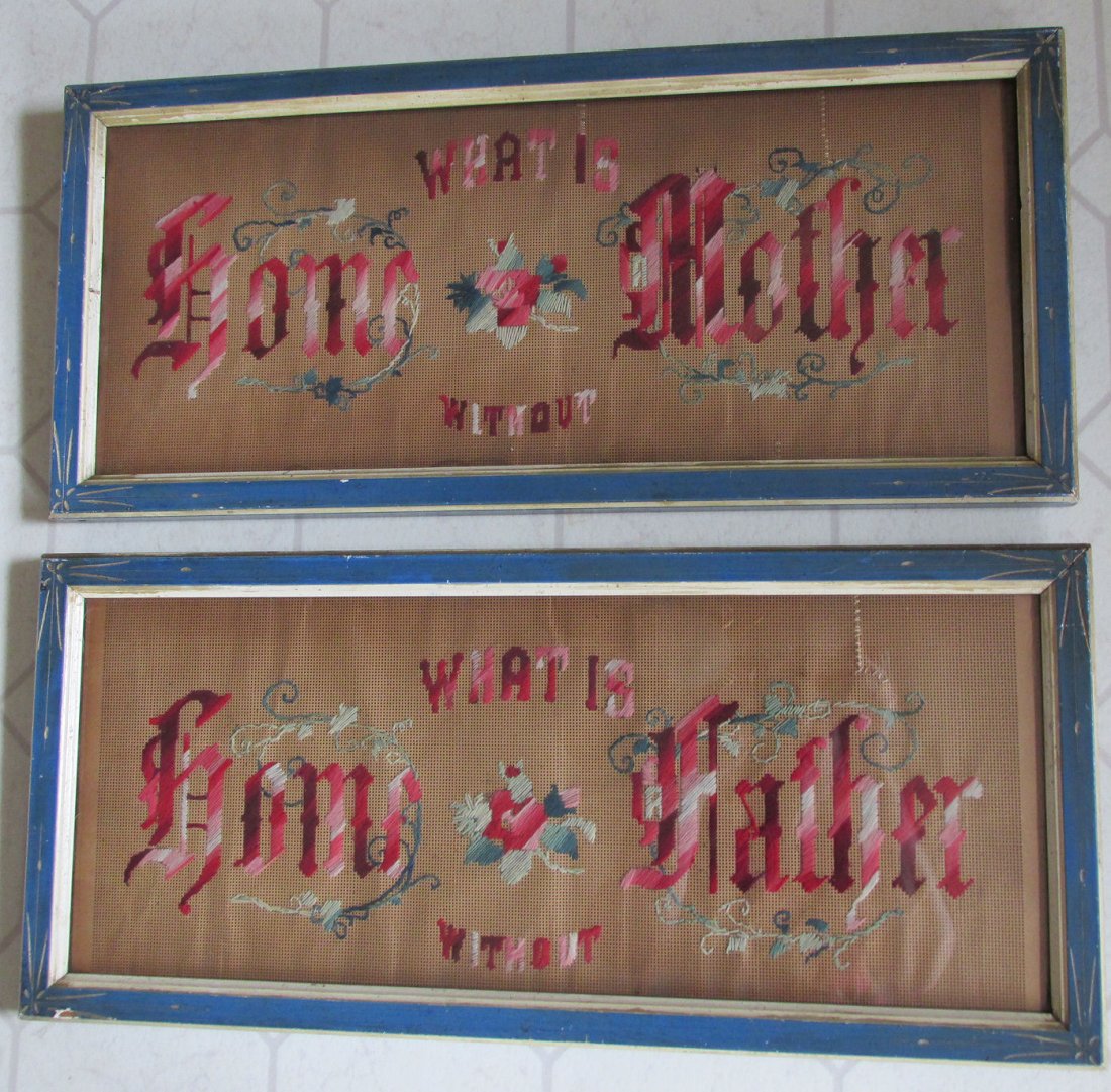 Pair c1870s Victorian Motto Samplers, Mom & Dad (1 of 5)