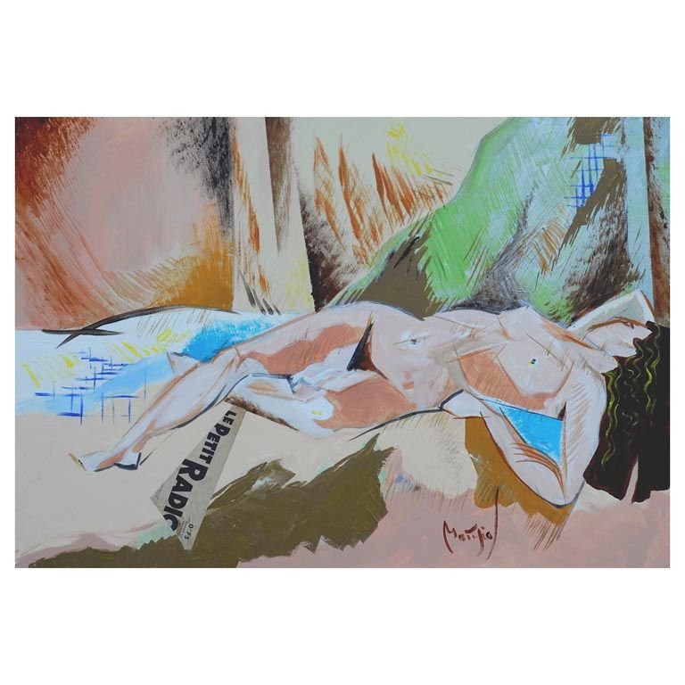 Greg Mathias Art Deco Style Painting "Monaco Cote: ABOUT Gregoire Mathias, born 1967. Very important piece from this French painter, whose work generated market value early in his career. Acrylic, oil and collage on canvas. Cubist scene of nude and Me