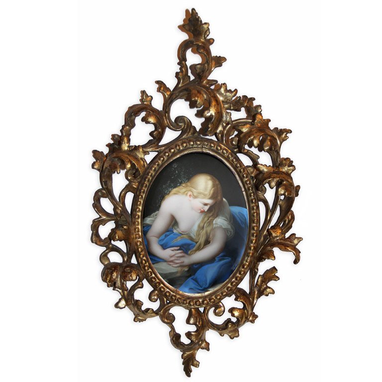KPM Dresden Porcelain Plaque by Henry Bucker, c.1870: ABOUT After Pompeo Girolamo Batoni Italian (1708-1787) "The Penitent Magdalene". A finely painted Dresden porcelain oval plaque from a part of the famous painting, "The Penitent Magdalene Reading a Bo