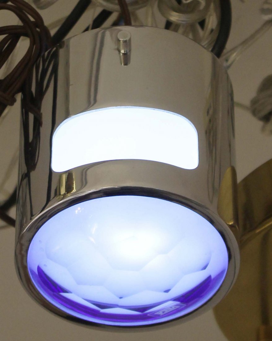 Chiseled Glass Ceiling Light by Veca, Italy 1960s: Small flush mount light with chrome body and blue chiseled glass bottom. Veca label still present. D5 in. X H6 in.