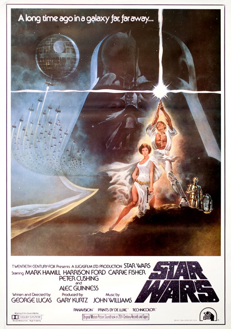 Star Wars R1982 Japanese B2 Poster: An original theatrical 1982 Japanese re-release poster for the 1977 George Lucas fantasy classic. The poster measures 20 x 29”, features artwork by Tom Jung, and is in fine rolled condition. Please 