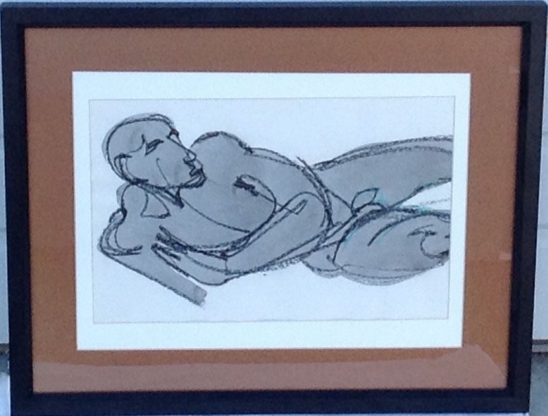 Robert Brown (1917-2009). Painting , framed in glass.: Artist: Robert Brown. (1917-2009) Mix media painting on paper. Dimensions: Framed: 17 1/2" x 21 1/2" Image shown: 9 1/2" x 14 1/2" Few scratches on frame. Full artist bio on sheet attached to verso. B