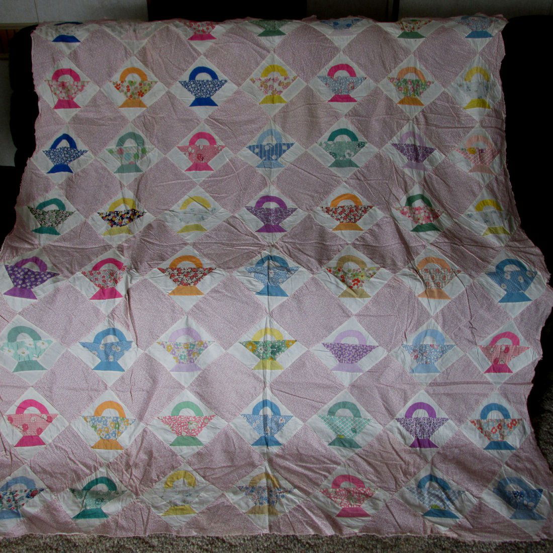 c1920s0-30s Art Deco Flower Basket Applique Quilt Top (1 of 6)