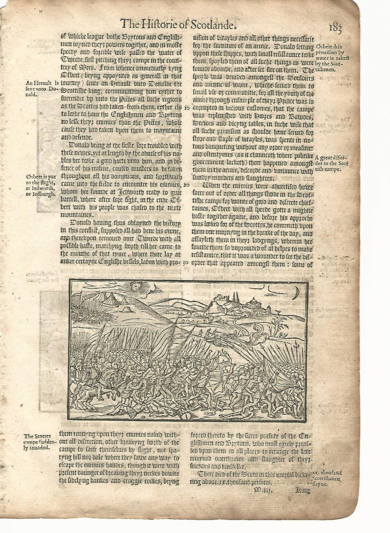 1577 Holinshed Leaf Woodcut Scotland Battle (1 of 2)