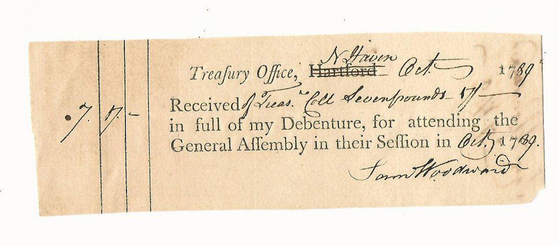 1789 Receipt Connecticut General Assembly (1 of 2)