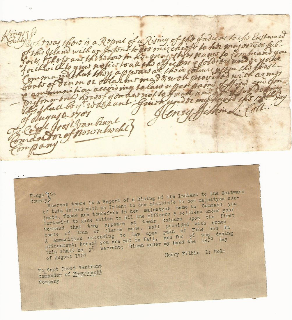 1707 Manuscript Regarding Indian Uprising Kings County (1 of 1)