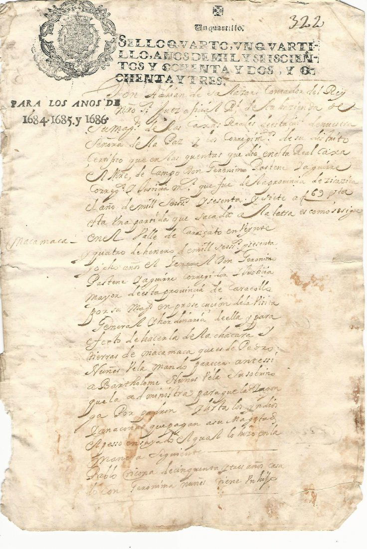 1686 Colonial Peru Manuscript Macamaca (1 of 2)