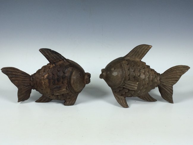 Pair of Goldfish: Philippines Carved Solid Wood Papermache Mold - Goldfish 5'' H x 7.25'' W A very impressive hand carved decorative wooden Paper Mache mold. That is made by master craftsmen in the Philippines. All cra