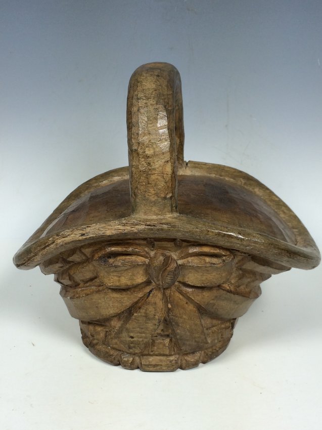 Basket: Philippines Carved Solid Wood Papermache Mold - Basket 7.25'' H x 7.5'' W A very impressive hand carved decorative wooden Paper Mache mold. That is made by master craftsmen in the Philippines. All cra