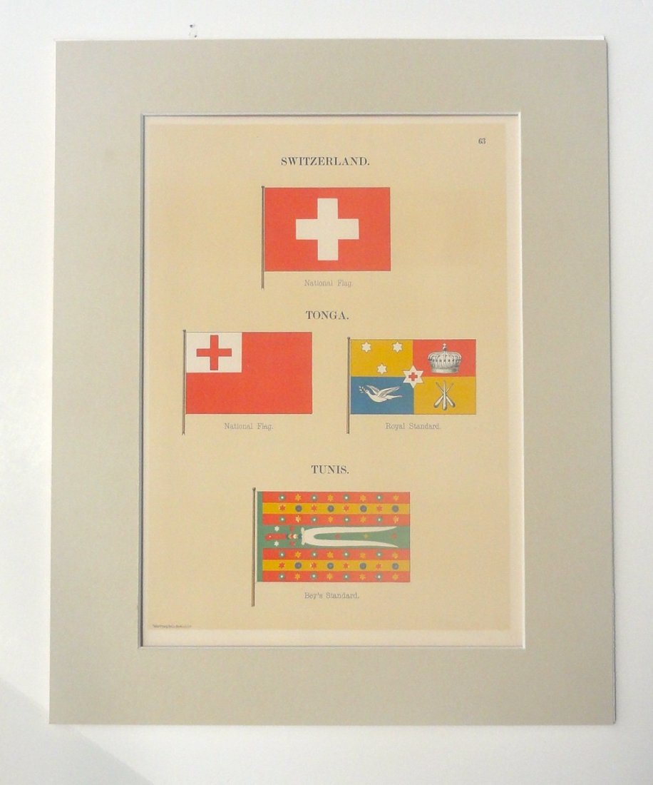 Nautical Flags of Switzerland, 1882: Original chromolithograph from "Flags of the Maritime Nations" published by the Bureau of Navigation, Washington, DC, 1882. Dimensions: 12" L x 16" W This item ships from Ocean View, DE.