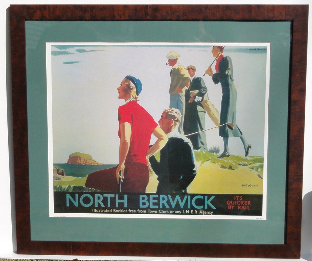 North Berwick Golf Club, Scotland, Vintage Print,: Vintage poster of North Berwick Golf Club in Scotland, "It's Quicker by Rail". Female and Male Golfers pictured with Scottish Island in background. Displayed in a wood frame and UV protectant glass. D