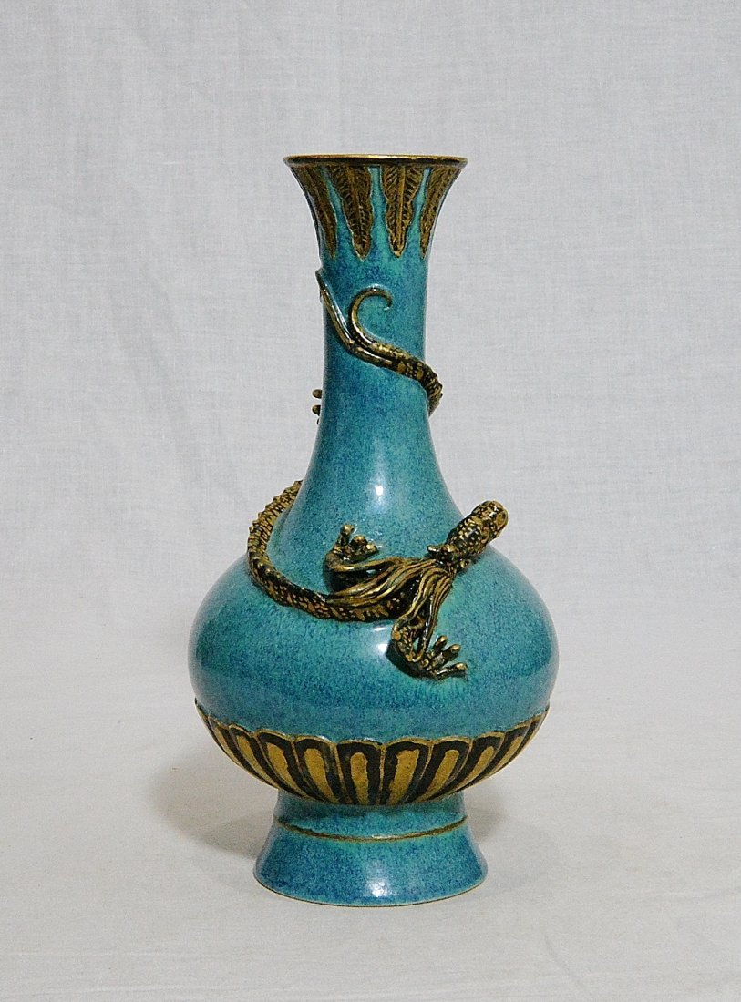 Chinese Lu-Jun glaze Porcelain Vase With Mark: Chinese Lu-Jun glaze porcelain vase, decorated with gilt high relief of dragon on the vase. Six relief of Chinese character mark on the base. Good condition. 8.25" height. Buyer Pays Shipping Ships Fr