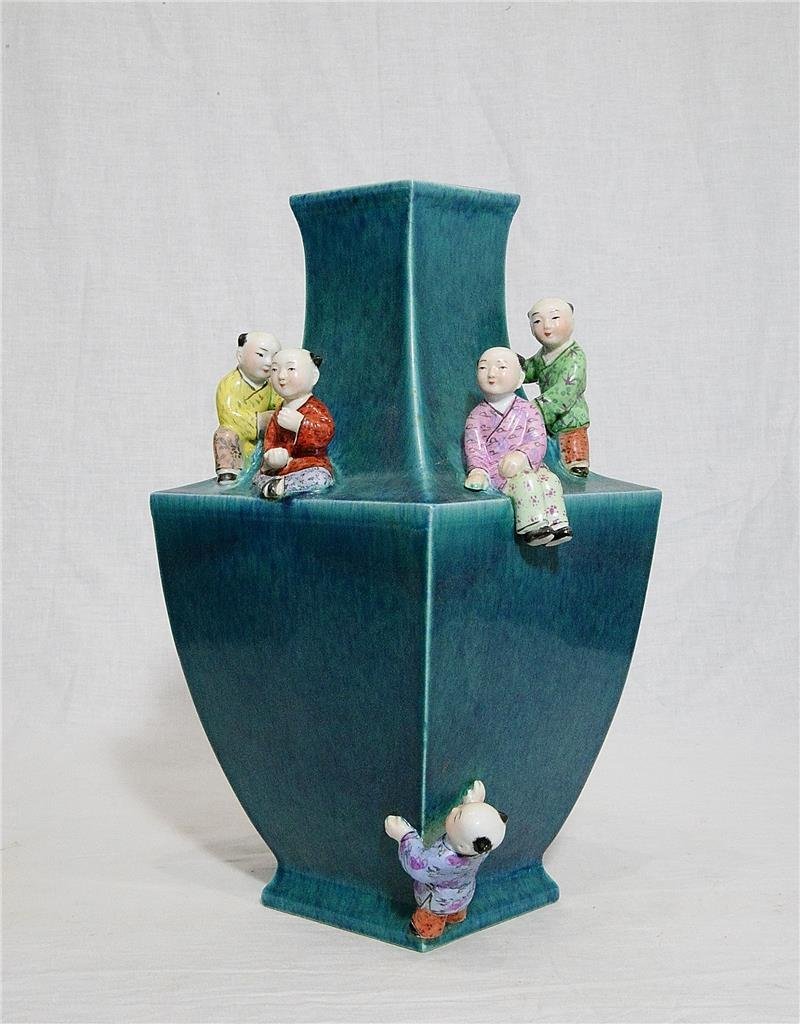 Chinese Lu-Jun Porcelain Vase With Mark: Chinese Lu-Jun porcelain vase, decorated with kids playing. Six relief of Chinese character mark on the base. Good condition. 12.5" height. Buyer Pays Shipping Ships From California LA Ref: NIS-2314