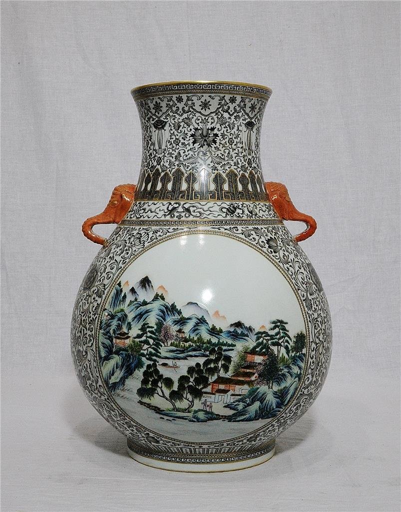 Chinese Famille Rose Porcelain Vase With Mark: Chinese famille rose porcelain vase, decorated with open window of landscape and mountain view around by flowers. Four blue Chinese character mark on the base. Good condition. 15.75" height. Buyer Pay