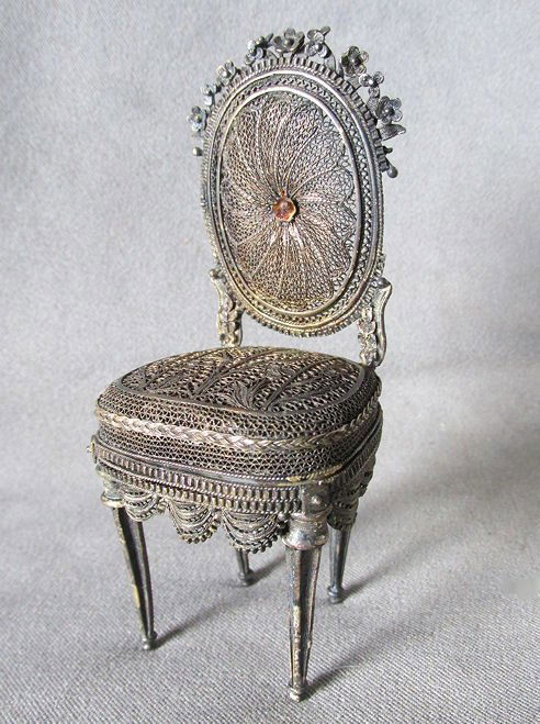 Antique Miniature Silver Chair, Doll House Decor (1 of 5)
