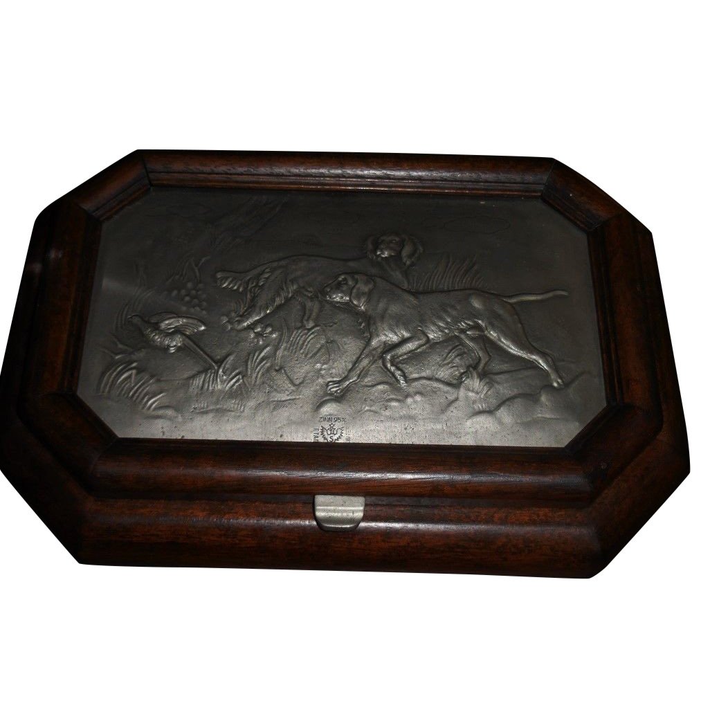 Unusual Antique Carved Wood Gentleman Box w Pewter Dog: This wonderful box is a genuine antique and dates to the 1800's. It is an unusual example with a fabulous hunt dog frieze lid and velvet lined interior. It is beautifully hand painted with floral pane