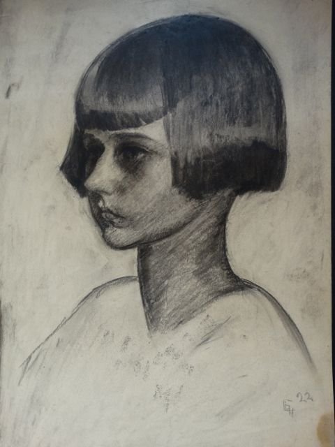 Ejnar Hansen: Girl with a Bob P1035: Ejnar Hansen, Girl with a Bob, drawing. Classic look from the 1920s. A beautifully simple and psychologically penetrating portrait of a child. 14? x 20?. No Matte. Framed. Mr Hansen I was told by the
