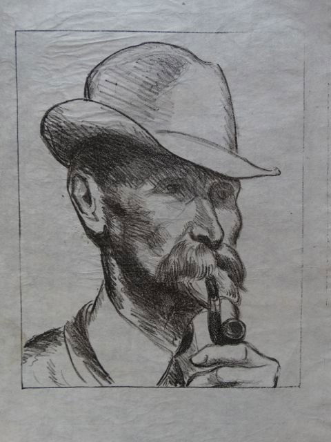 Ejnar Hansen: Lithograph of Man with Hat and Pipe: Ejnar Hansen litho of a man in a great hat, smoking a great pipe. On onionskin. 7” x 9.5”. Framed Born into poverty in Copenhagen, Denmark, Hansen was raised on a dairy farm. At age 14, he apprent