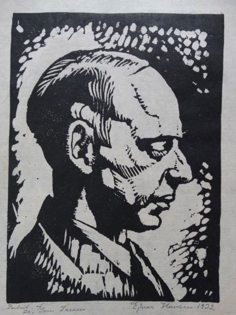 Ejnar Hansen: Profile of Man, P1024: Ejnar Hansen woodblock print, profile of a man, dated 1932. 6” x 9”. Framed.Many of the woodblocks were done only in the 1929-1931 period and are very rare to find. Provenance: Einar Hansen estate