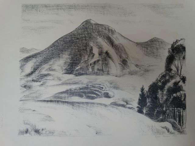 Ejnar Hansen: California Landscape P1017: Ejnar Hansen Western Landscape Litho. Dated 1929. 15” x 12”. Framed, 26” x 23.5”. Born into poverty in Copenhagen, Denmark, Hansen was raised on a dairy farm. At age 14, he apprenticed to an i