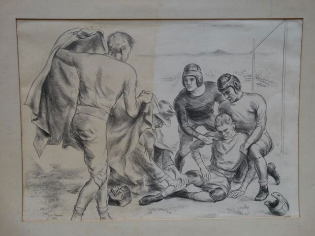 Ejnar Hansen Litho, “Football Players” P1014: Ejnar Hansen Lithograph dated 1939. Since he was a Pasadena area artist, perhaps this is Rose Bowl or Cal Tech or ?. Image is 20”w x 15”h, framed 29”w x 23.5”h. Sun fade to half of print. Born