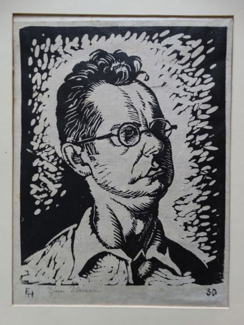 Ejnar Hansen: Man in Round Glasses, Woodblock P1027: Ejnar Hansen, Man in Round Glasses woodblock print, 1930. Image is 9” x 12”, with frame, 15.5”w x 18”h. Born into poverty in Copenhagen, Denmark, Hansen was raised on a dairy farm. At age 14,