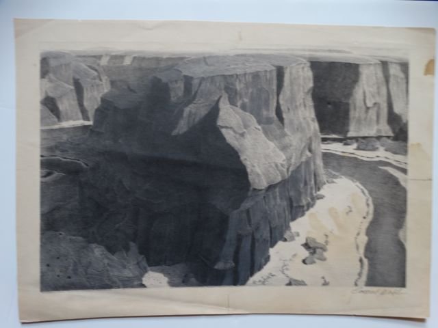 Conrad Buff Canyon Drawing BW004: Canyon drawing, pencil on paper, hand tinted image of Grand Canyon. 17 x 12. Born in Speicher, Switzerland, the son of an Alpine farmer, Conrad Buff, by the age of forty, had an established reputation