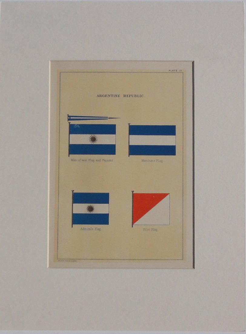 Nautical Flags of Argentina, 1882: Original chromolithograph from "Flags of the Maritime Nations" published by the Bureau of Navigation, Washington, DC, 1882. Dimensions: 12" L x 16" W This item ships from Ocean View, DE.