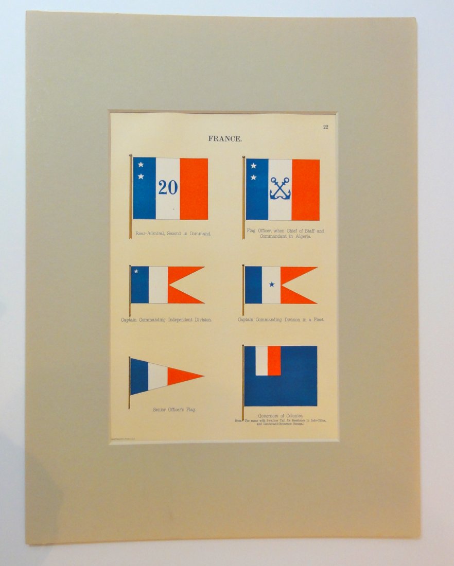 Nautical Flags of France, 1882: Original chromolithograph from "Flags of the Maritime Nations" published by the Bureau of Navigation, Washington, DC, 1882. Dimensions: 12" L x 16" W This item ships from Ocean View, DE.