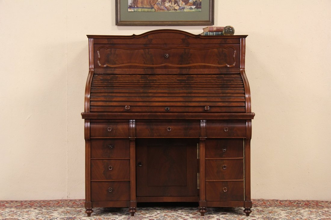 Empire Biedermeier 1880 Antique Rolltop Two Level Desk,: A remarkable roll top desk from the 1880's has a second upper level pull out work area to use standing or with a stool. Hand crafted in Austria in the Biedermeier or Empire design, this extraordinary