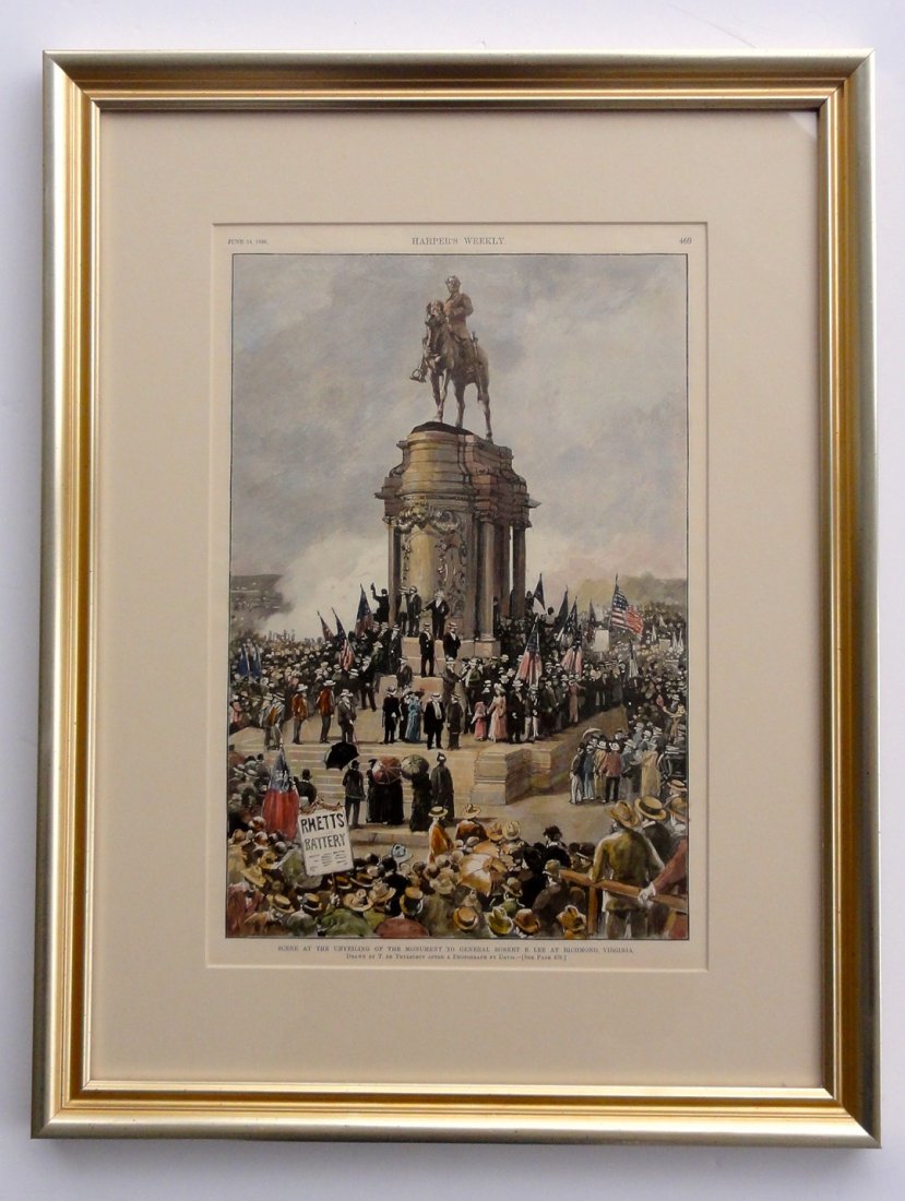 Robert E. Lee Monument Unveiling, Richmond, Virginia.: Robert E. Lee Monument Unveiling in Richmond, Virginia. Showing crowd of spectators, Rhetts Battery. Original print from Harper's Weekly, June 14, 1890. Custom framed in acid free mat, glass and a woo