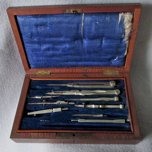 Antique Drafting Tool Set In Fitted Rosewood Box