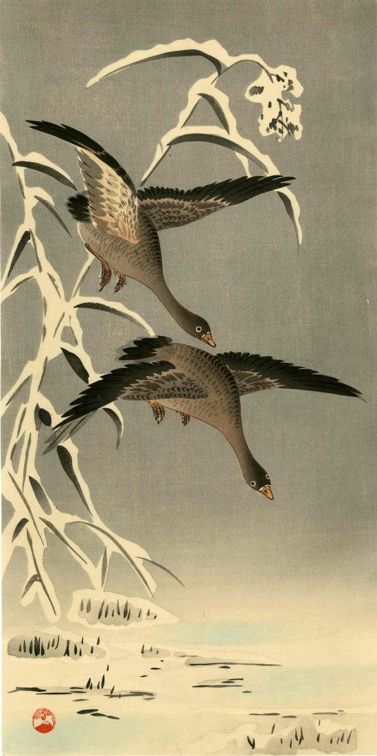 KEINEN IMAO - GEESE FLYING IN SNOW - 1930s (1 of 2)