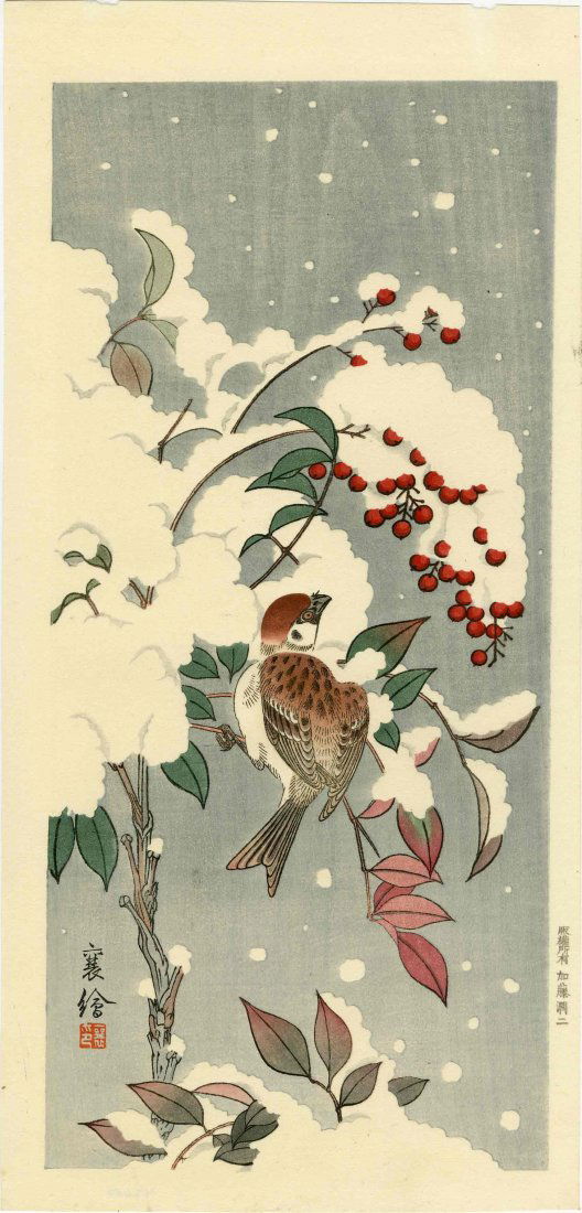 JO (HASHIMOTO YZURU) - SPARROW IN SNOW ON NANDIN BUSH - (1 of 2)