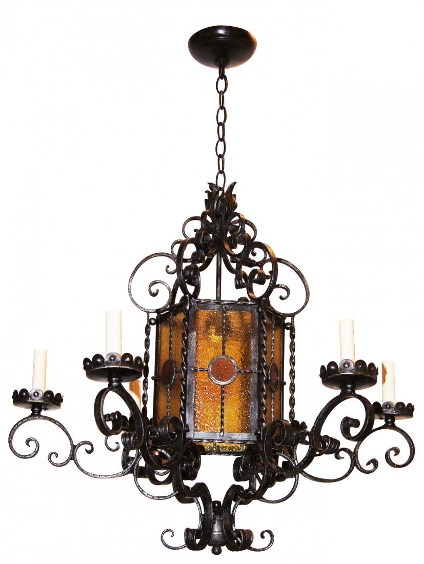 IRON LANTERN WITH AMBER GLASS: A forged iron lantern with amber glass body. 6 arms and 1 interior light. Original patina, leaded glass body. Rewired. Measurements: Height: 30? Diameter: 28? This item ships from New York, NY