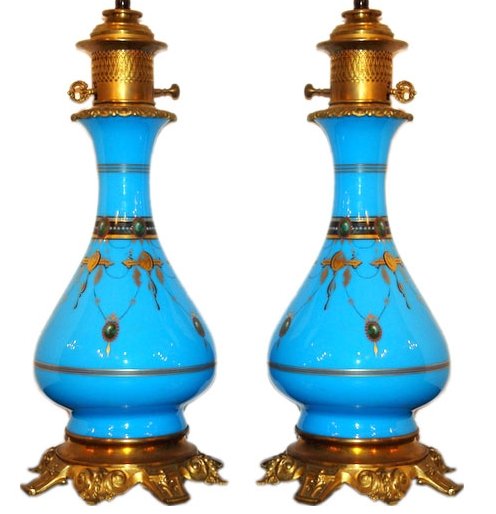 PAIR OF OPALINE GLASS LAMPS (1 of 3)