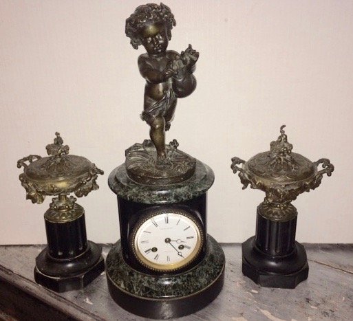 CLOCK SET IN BRONZE, WITH GARNITURES (1 of 7)