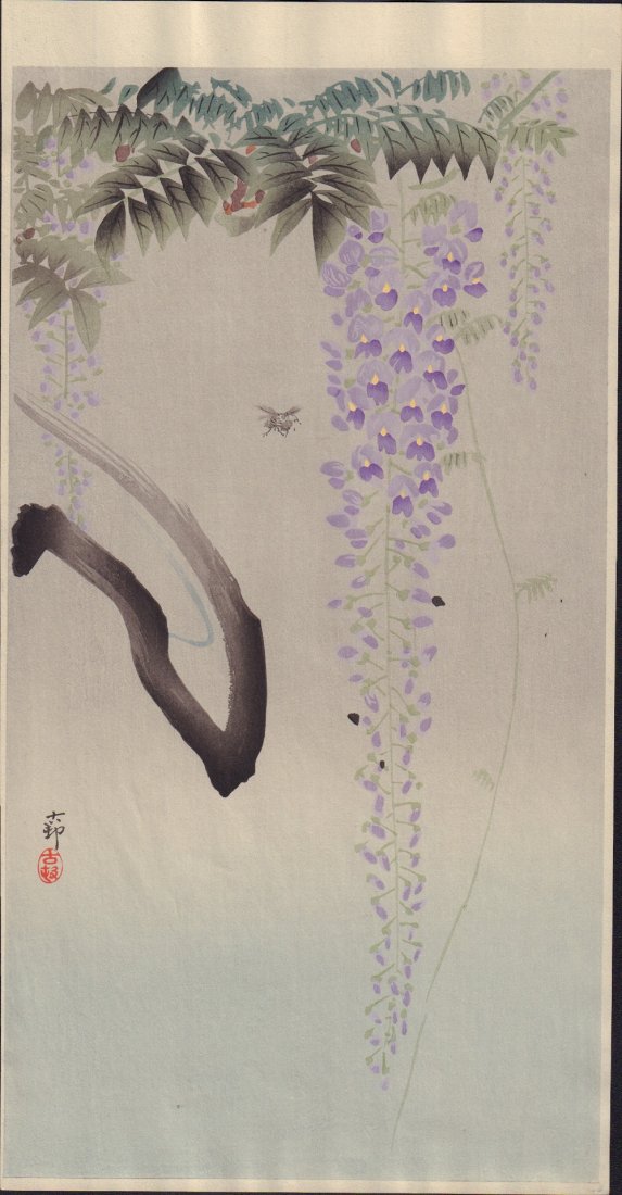 Original Japanese Woodblock print by Koson: Artist: Ohara Koson. Subject: Wisteria & bee. Date: c. 1910’s. Measures: 7.5” x 14.5” Shipping for this item will be $15 domestic, $40 oversea's. No additional charge for multiple lots won.