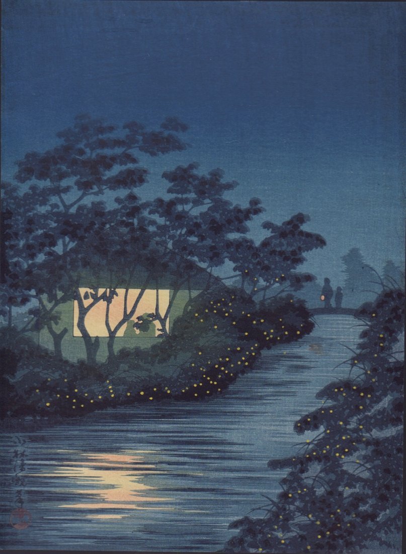Original Japanese Woodblock print by Kiyochika: Artist: Eijiro. Subject: Fireflies, lighted house. Date: c. early 1900’s. Measures: 7.5” x 10” Shipping for this item will be $15 domestic, $40 oversea's. No additional charge for multiple lots 
