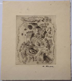 MASUO IKEDA ( 1934-1997) - Etching Circa 1955: ARTIST: MASUO IKEDA ( 1934-1997) TITLE: EYES AND EARS SIGNED: YES, SIGNED IN INK TYPE: ETCHING DIMENSION: SHEET: 5 3/4" x 5". IMAGE: 3 1/2" x 2 3/4" CONDITION: Great condition aside a couple smudges m