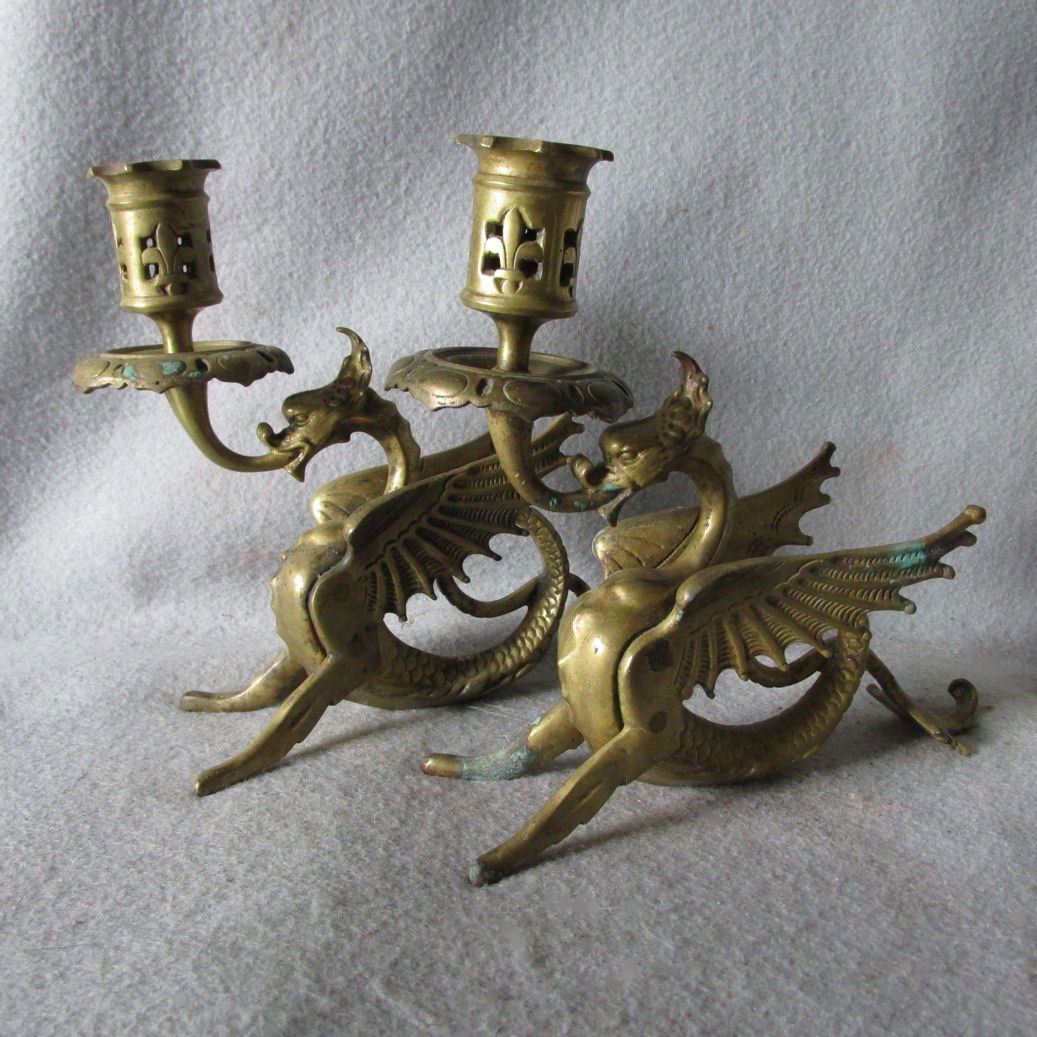 Pair Vintage Gargoyle, Dragon, Sea Serpent Candlesticks (1 of 7)