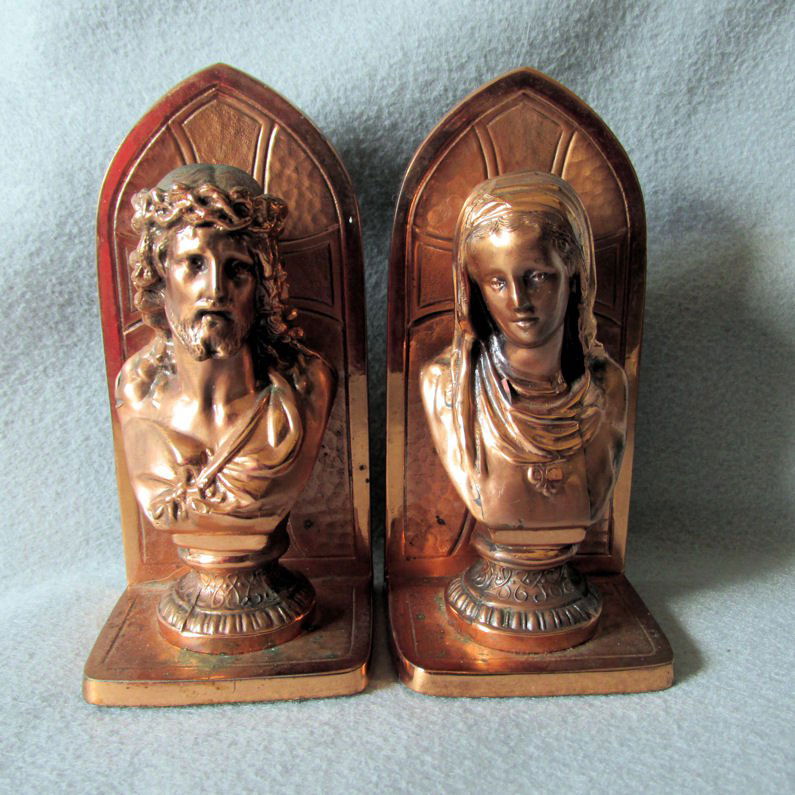 Pair c1930s Bookends of Madonna Mary, Jesus Christ (1 of 4)