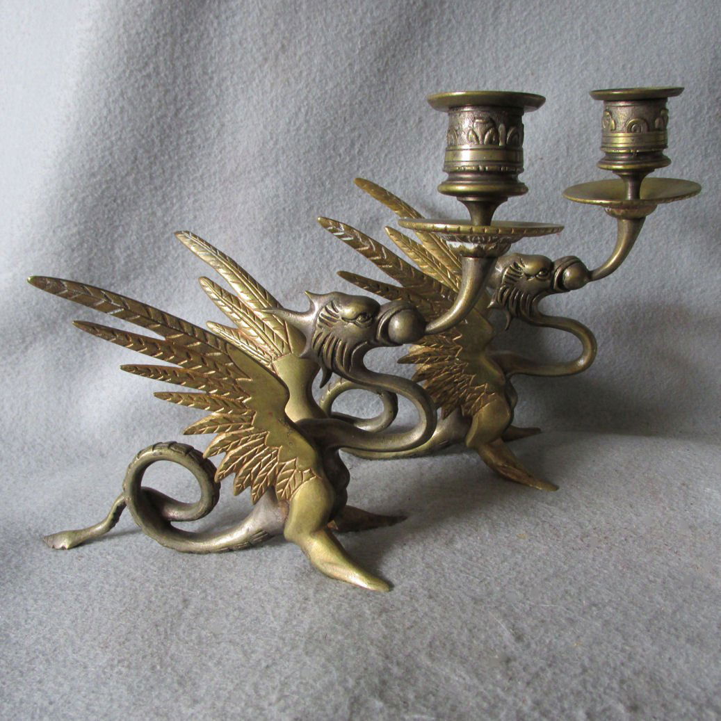 Pair Vintage Gargoyle, Dragon, Sea Serpent Candlesticks (1 of 4)