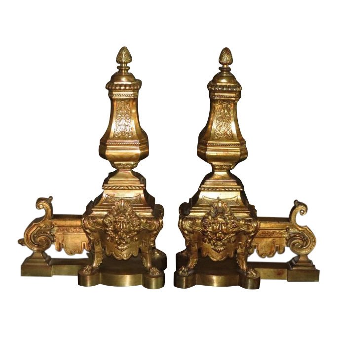 Unusual Pair of Antique Gilt Bronze Chenets w Faces (1 of 4)